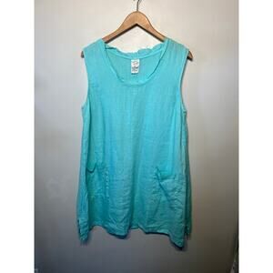 Match Point USA Tunic Sleeveless Teal Blue Linen Pocket Summer Beach Casual L